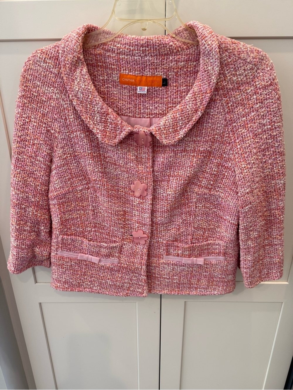 Cynthia Steffe Pink Tweed Boucle Jacket Women’s L Floral Buttons Made USA